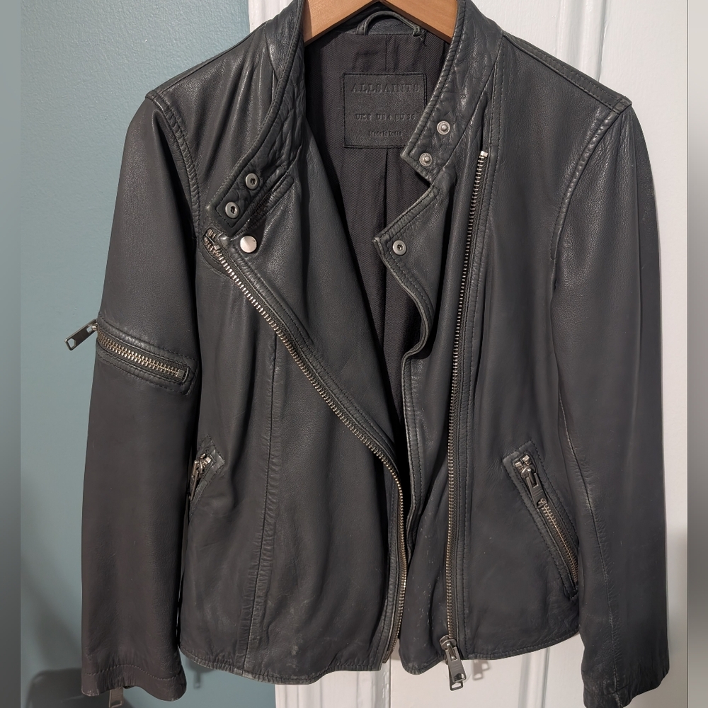 ALLSAINTS All Saints Size 4 Chine Biker Jacket Grey Leather Moto Zipper